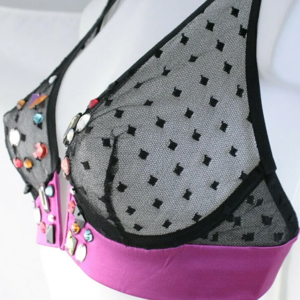 Damaris Chiacchiere Black Silk Square Pattern MeshV-Plunge Jeweled PinkSatin Bra - Picture 3 of 16